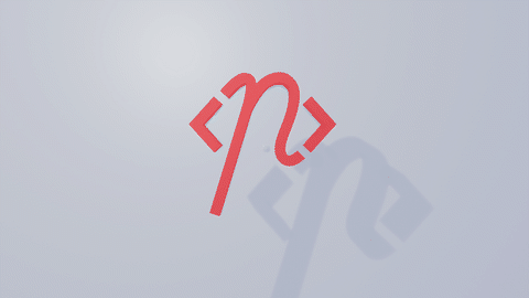 Animated reveal of the pabgaru mark: a cursive lowercase p rendered in 3D, flanked by a pair of code angle brackets, in coral on a light studio background
