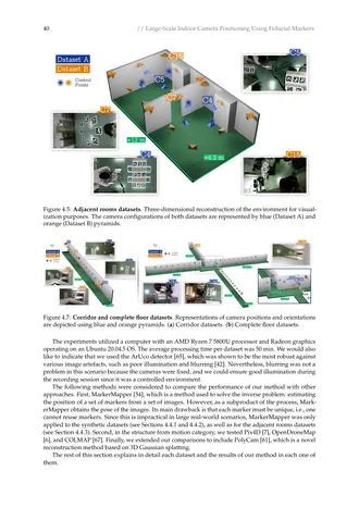 A page from the Large-Scale Indoor Camera Positioning chapter showing figures of the adjacent-rooms and corridor datasets