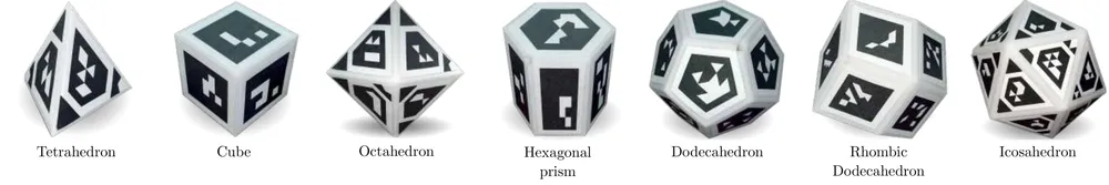 The seven 3D-printed fiducial objects: tetrahedron, cube, octahedron, hexagonal prism, dodecahedron, rhombic dodecahedron and icosahedron, each carrying custom markers on every face.